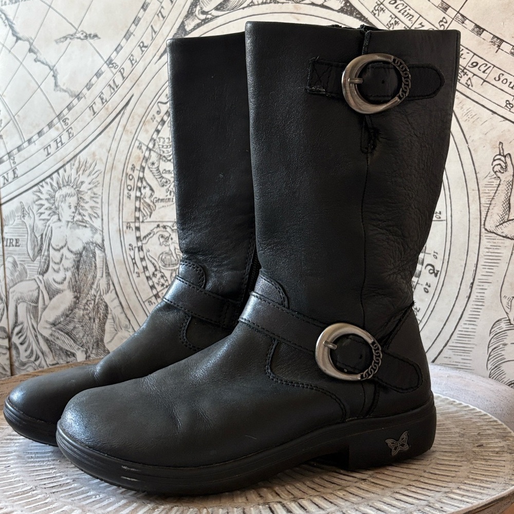 Alegria Black Leather Moto Styled Comort Boots with silver Buckle Detail